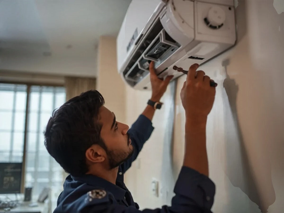 Royal AC technician installing an AC unit
